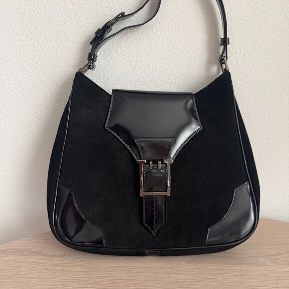 A. Testoni Suede And Patent Leather Black Shoulder Bag - Picture 11 of 15